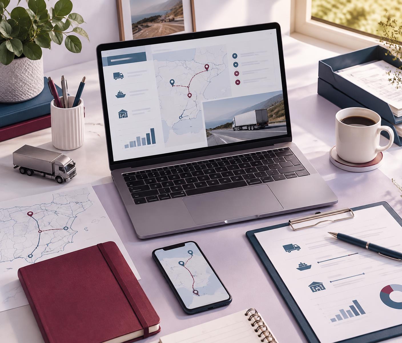 Espacio de trabajo organizado con documentación y planificación logística